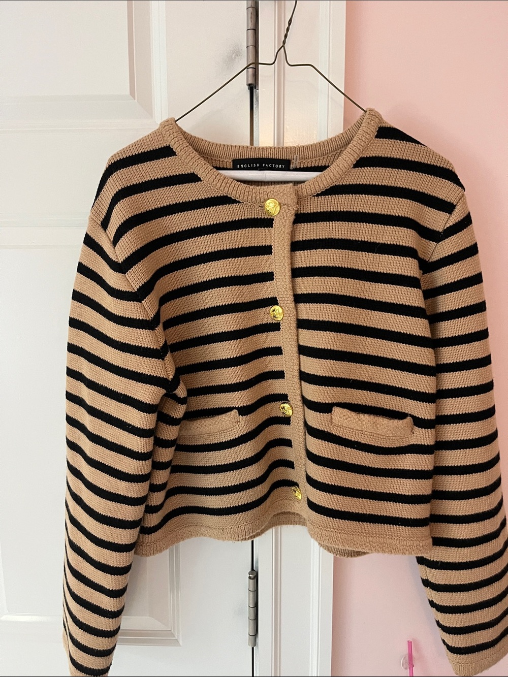English Factory Tan & Black Striped Knit Cardigan with Gold Buttons